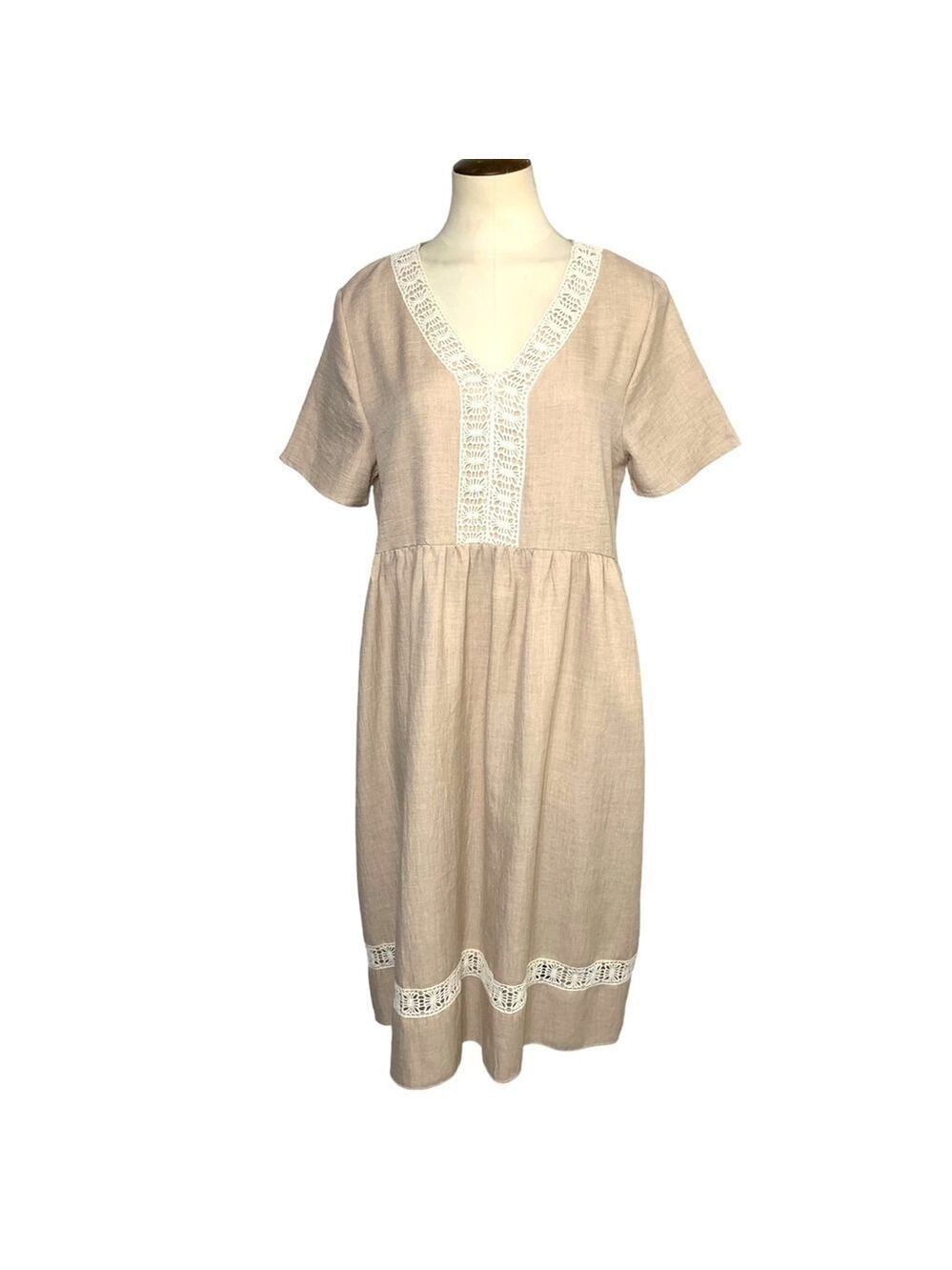 Tan Shift Dress Crochet Lace Flowy Relaxed Fit V Neck Sz M/L Cottage Minimalist